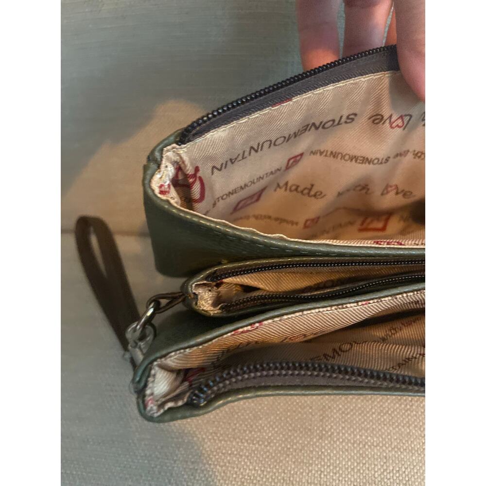 Stone Mountain pebbled leather large multi compartment wristlet in olive/brown - Picture 10 of 14